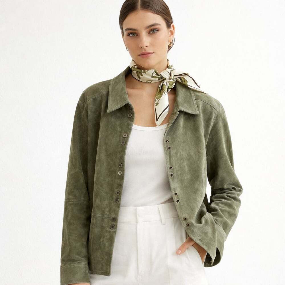 Women’s Green Suede Leather Jacket Button Front Oversized Fit XL